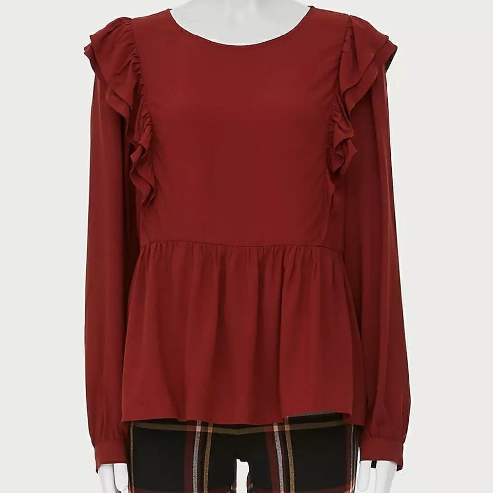 Loft Women's Size Large Wild Currant Ruffle-Sleeve Peplum Top Burnt‎ Red Orange